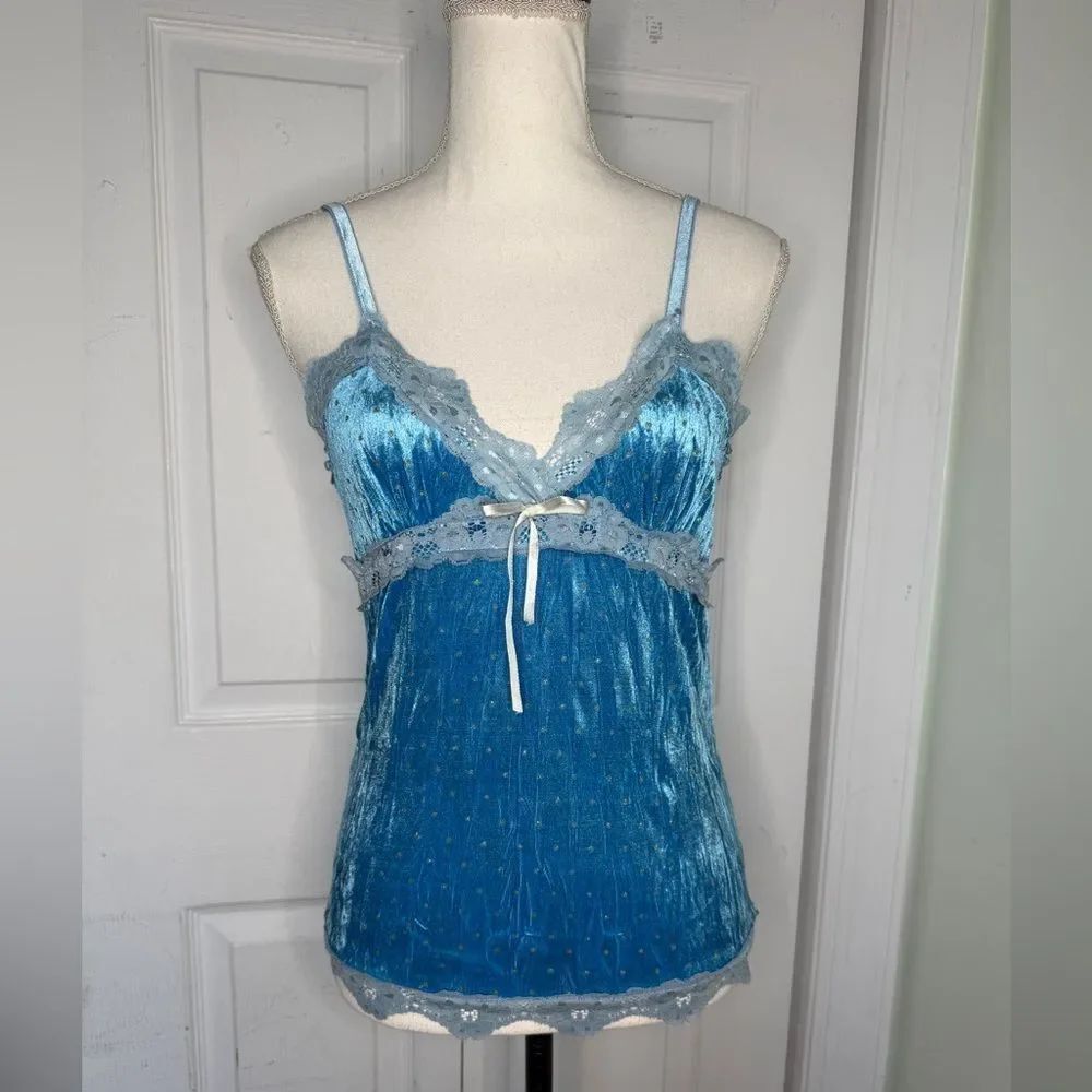 Vintage Y2K Blue Velvet Lace & Gold Detailed Paris Hilton Juicy Couture Top